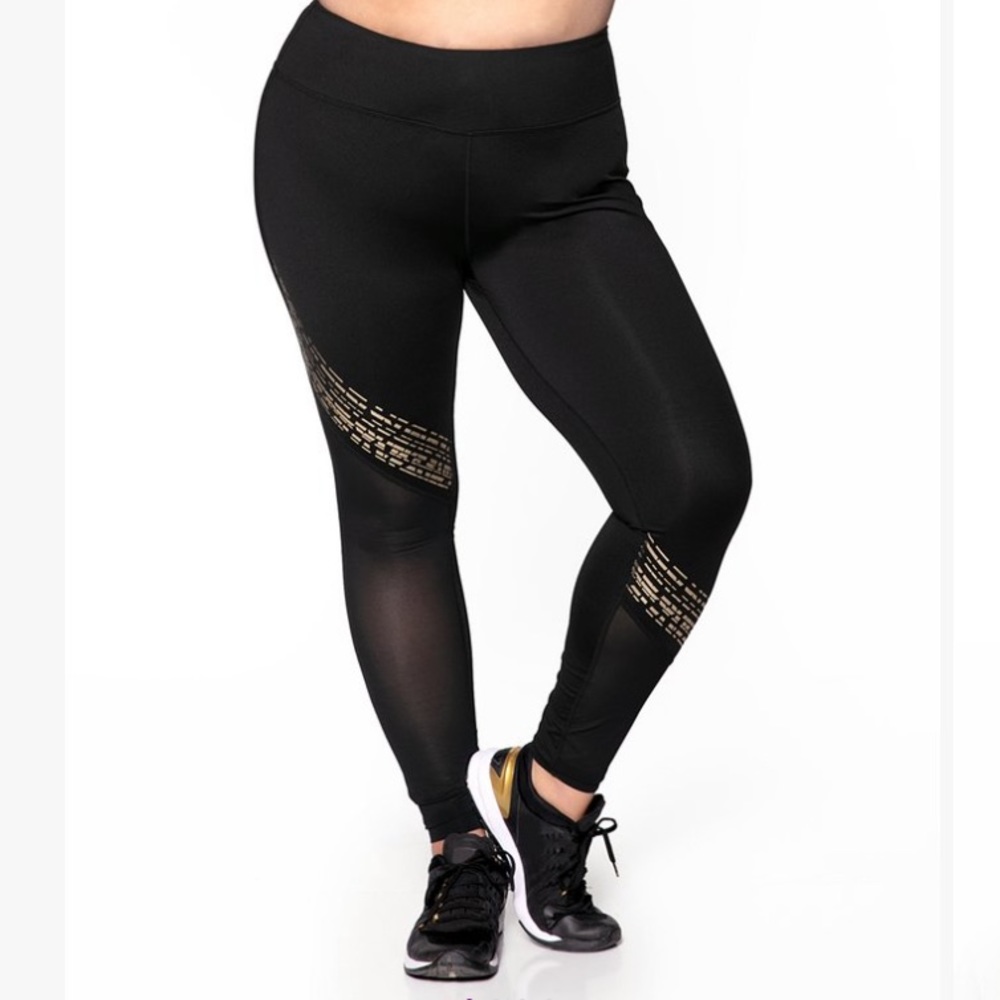 NWT! Black Activewear Leggings! Gold/Mesh Detail! Size 14/16